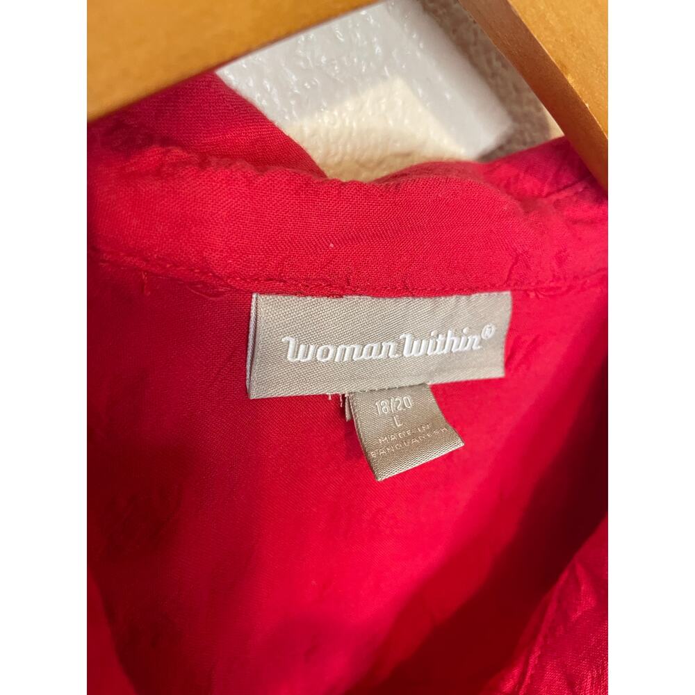 Woman Within Boho Cottage Cotton Red Textured Roll Tab Sleeves Button Up Top Lg - Picture 4 of 11